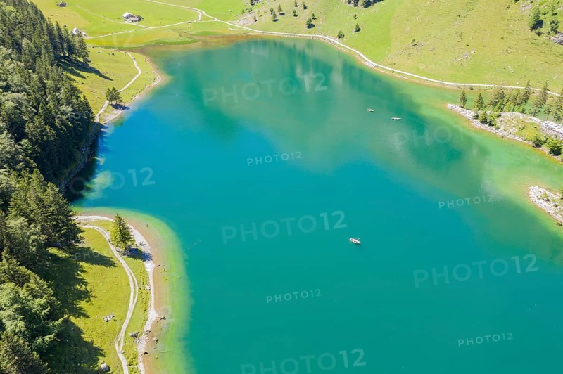 Drone shot, Lake Seealpsee, Alpstein mountain range near Wasserauen, Appenzell, Switzerland, Europe
