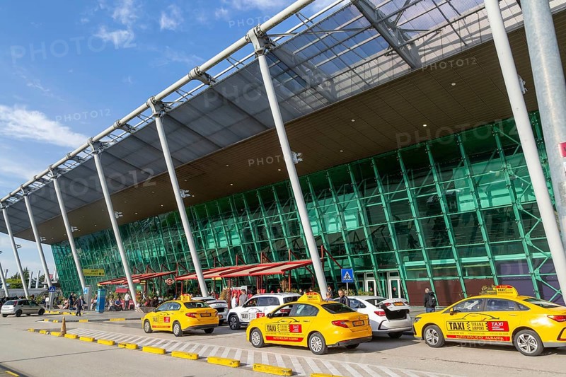 Taxis outside terminal building Tirana International Airport Nënë Tereza, Mother Theresa Rinas Airport, Tirana, Albania, Europe