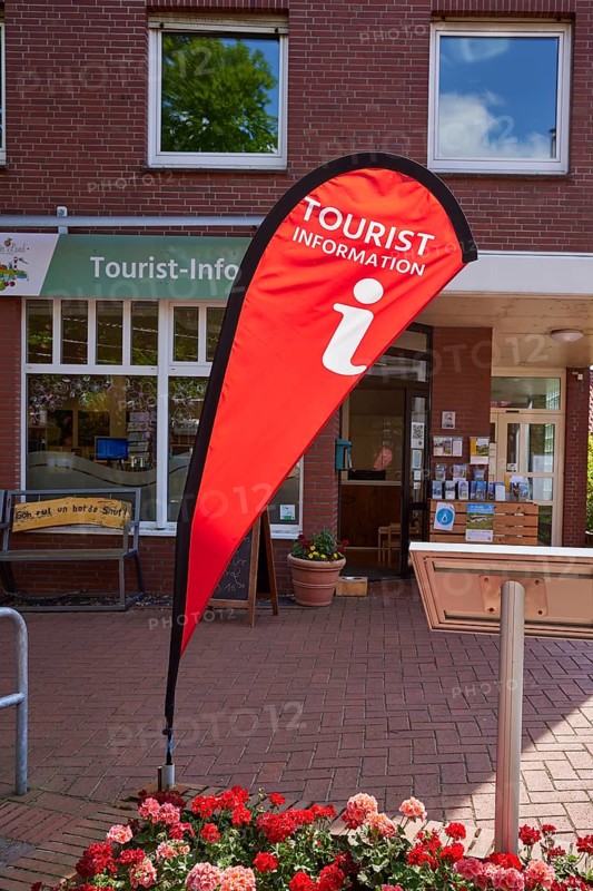 Tourist information centre with flag in Jork, Altes Land, district of Stade, Lower Saxony, Germany, Europe