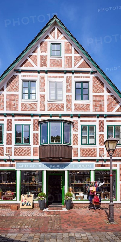 Altländer Drogerie Hubert in an old half-timbered house in the town centre of Jork, Altes Land, district of Stade, Lower Saxony, Germany, Europe