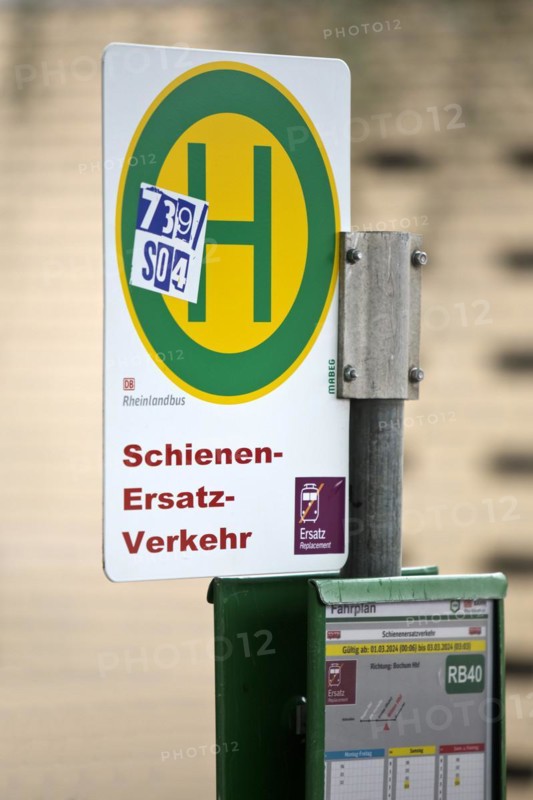 Bus stop sign for rail replacement traffic at the bus station next to the main railway station, Witten, North Rhine-Westphalia, Germany, Europe