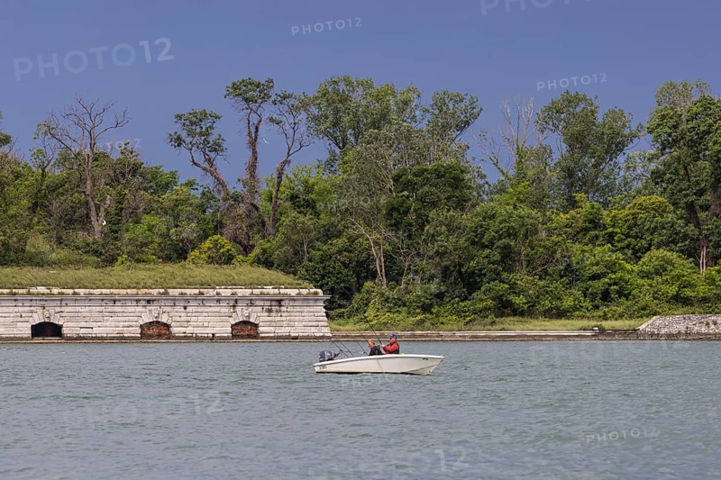 Anglers in their boat on the banks of the Giudecca Canal. Forest and a fortification in the background. Venice, Venice, Italy, Europe