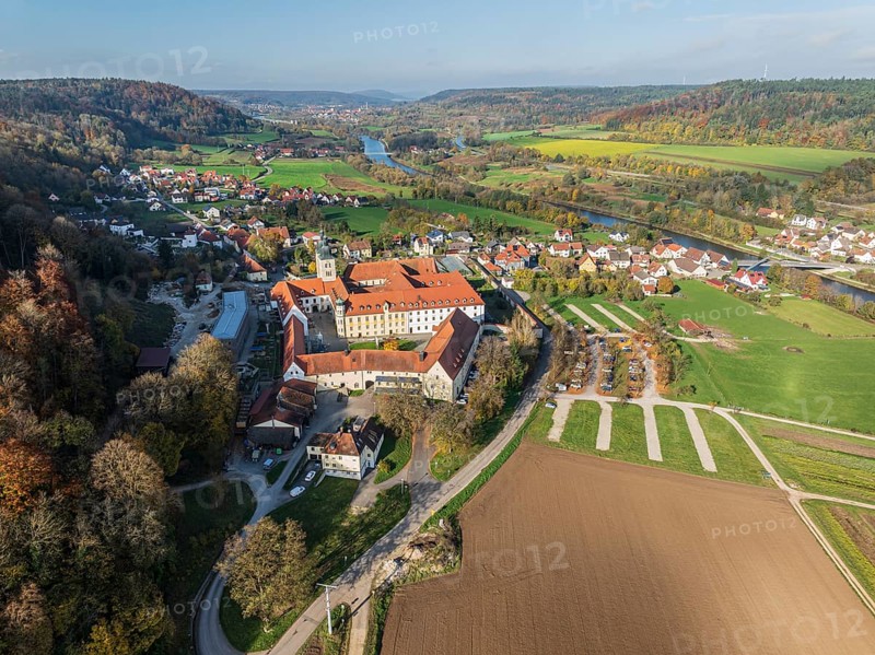 Aerial view of Plankstetten with Benedictine Abbey, Plankstetten, Berching, Bavaria, Germany, Europe