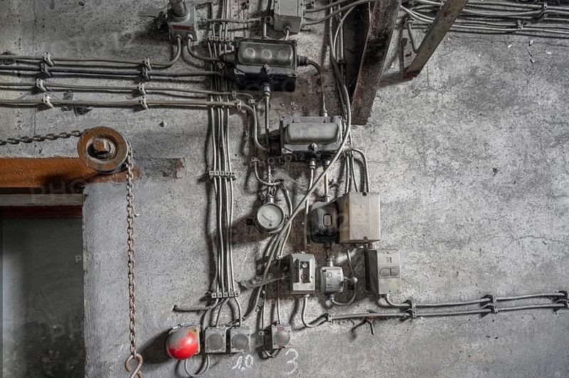 Light and emergency switches and fuses for the production hall of a metal powder mill, founded in 1900, Igensdorf, Upper Franconia, Bavaria, Germany, Europe