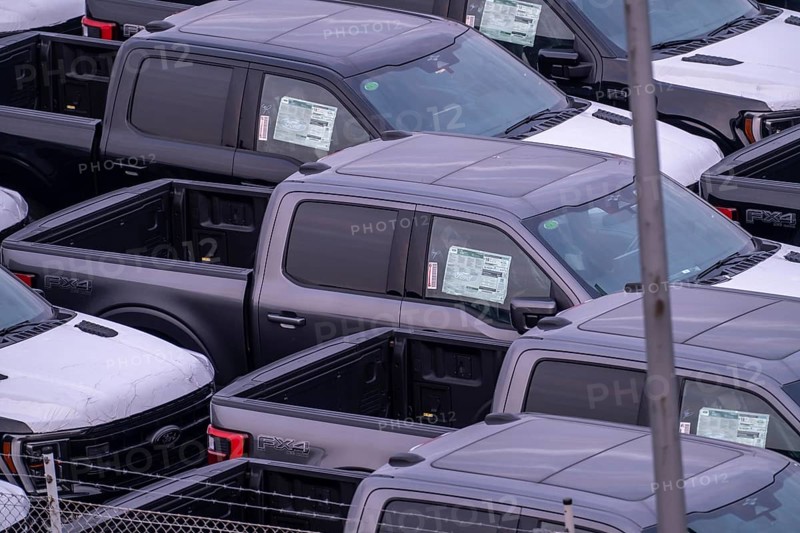 Ford FX4 pickup trucks on stockpile, in the overseas harbour of Bremerhaven, after import from the USA in Germany, Lower Saxony, Germany, Europe