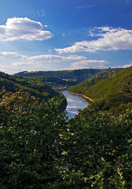 Elevated view of the Our valley and the river Our, Vianden, Our National Park, Ardennes, Islek, Ösling, Grand Duchy of Luxembourg