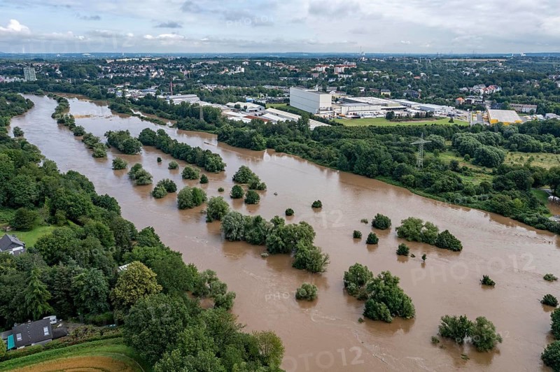 Flood on the Ruhr, after long heavy rainfall the river left its bed and flooded the countryside and villages, the highest water level ever recorded, Ruhr near Essen-Horst, North Rhine-Westphalia, Germany, Europe