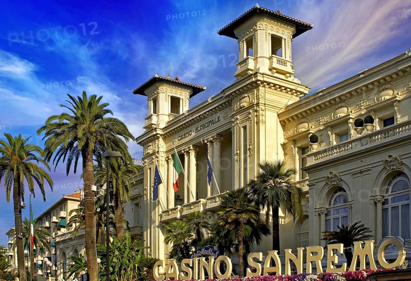 The Casino Municipale of San Remo in Liguria, north-west Italy. Many a careless gambler has gambled away their entire holiday fund playing roulette and blackjack in Italy's most famous and pompous gambling temple, San Remo, Italy, Europe