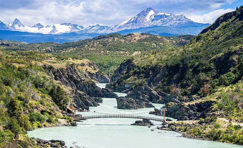 Suspension bridge crossing the river Rio Baker, not usable for trucks, near Cochrane, detour from the Carretera Austral, Patagonia, Chile, South America