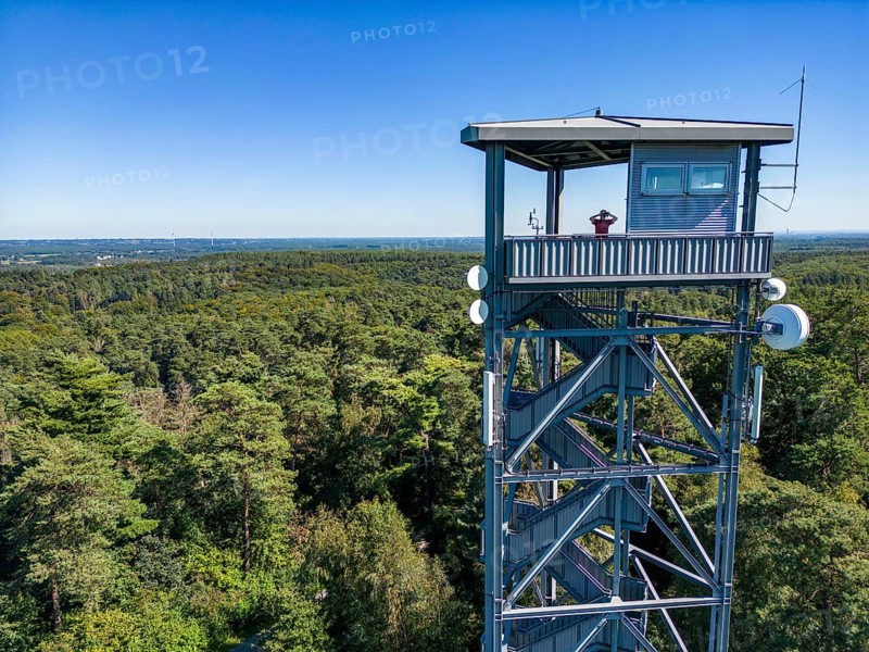 Fire watch tower on the Rennberg, near Flaesheim, Haltern am See, in the Haard forest area, one of 3 fire watch towers in the region, manned from April to October in dry weather conditions, part of the fire monitoring system, North Rhine-Westphalia, Germany, Europe