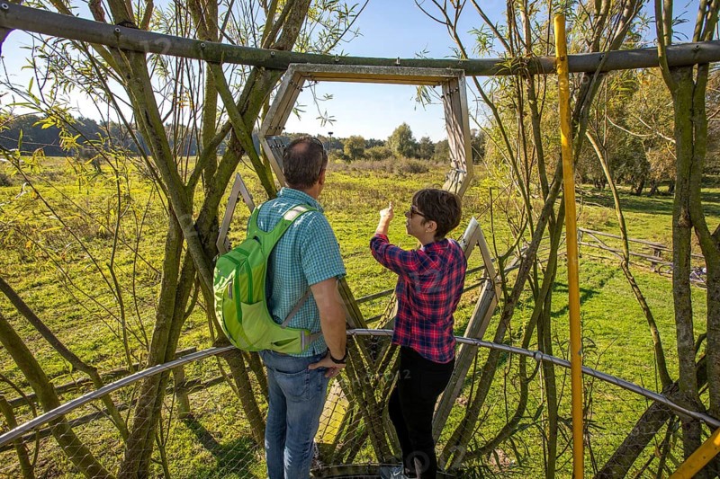 Hikers in the Steverauen Olfen, a renaturalised floodplain landscape and local recreation area in the north of Olfen, Hohe Mark Westmünsterland nature park Park, North Rhine-Westphalia, Germany, Europe