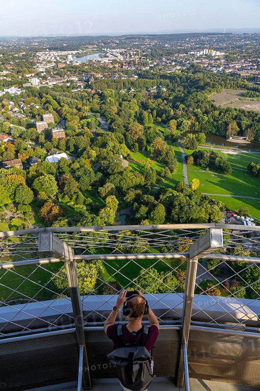 View from the Florian Tower, 219 metre high observation and television tower, in Westfalenpark, with 70 hectares, one of the largest inner-city parks in Europe, Dortmund North Rhine-Westphalia, Germany, Europe