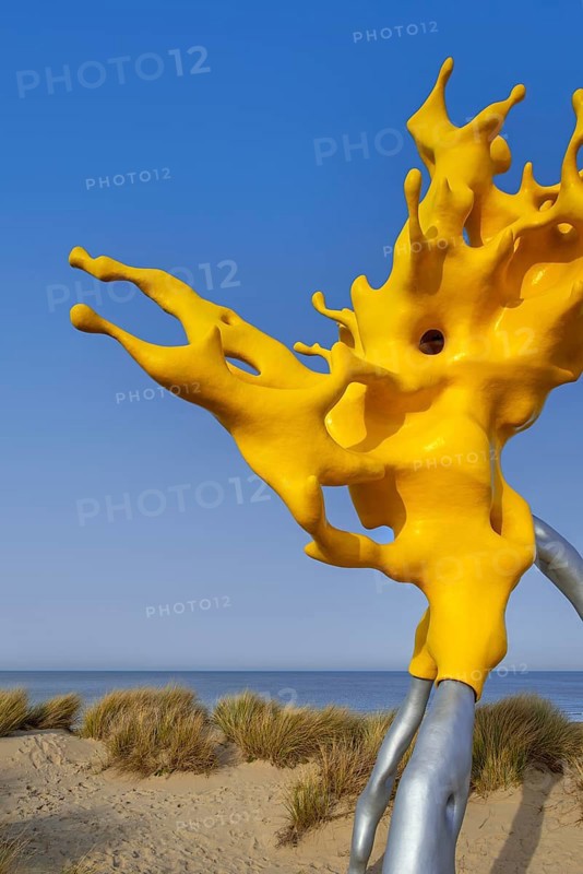 Sculpture Olnetop by Belgian artist Nick Ervinck in the dunes at seaside resort Westende, Middelkerke, West Flanders, Belgium, Europe