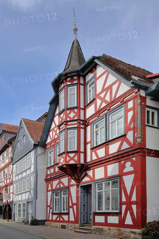 Historic half-timbered house with oriel and turret built in the 17th century, Griedeler Straße, Butzbach, Wetterau, Hesse, Germany, Europe