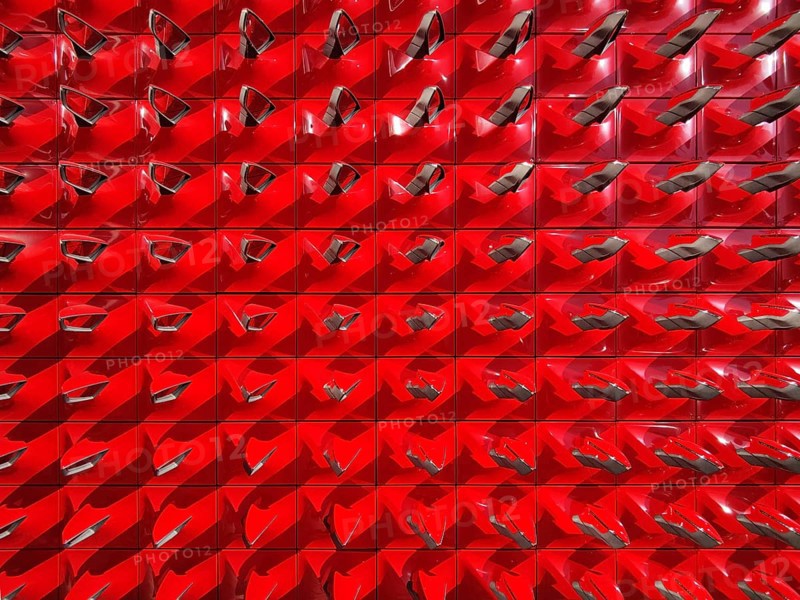 Structure of red rear-view mirrors, entrance area of the Seat Pavilion, Autostadt, Volkswagen AG, Wolfsburg, Lower Saxony, Germany, Europe