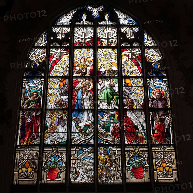 Church windows, stained glass from the 15th century, St Jakob's Church, built around 1400, Pfarrplatz 11 A, Straubing, Lower Bavaria, Germany, Europe