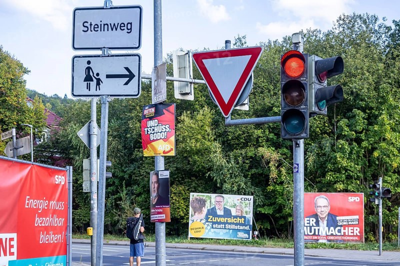 State election in Thuringia. Days after the election, election posters for the Alternative for Germany (AfD) party are still up in Meiningen. The Thuringia state organisation with its co-spokesman Björn Höcker is considered to be right-wing extremist. Meiningen, Thuringia, Germany, Europe