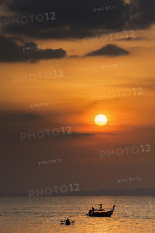 Sunset at Railay beach, evening mood, sun, evening, boat, sea, seascape, cloud, sunbeam, romantic, ocean, nature, beach holiday, beach holiday, travel, holiday, tourism, calm, chilly, bay, bathing bay, paradise, paradisiacal, exotic, heat, warm, climate, tropical, tropical, seascape, evening sky, silhouette, dusk, orange, sky, longtail boat, paddle, paddle boat, Krabi, Thailand, Asia