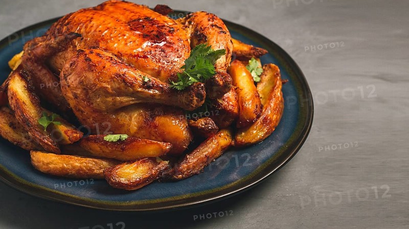Fried whole chicken, with potatoes, on a gray background, no people