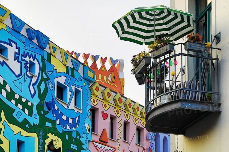 Balcony at the Happy Rizzi House, designed by the artist James Rizzi in Pop Art paintings, Braunschweig, Lower Saxony, Germany, Europe