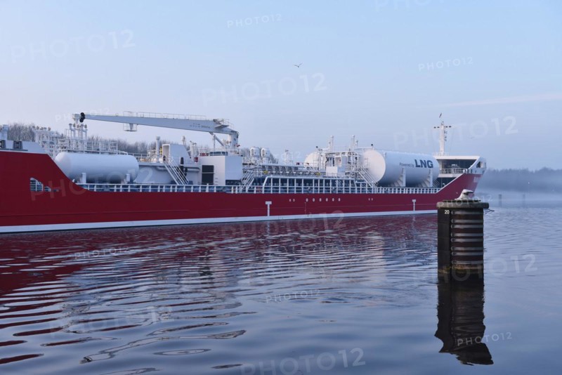 LNG tanker Ramanda sailing in fog in the Kiel Canal, Kiel Canal, Schleswig-Holstein, Germany, Europe
