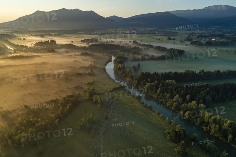 Aerial view of a moor landscape with river in front of mountains, morning light, view of Zwiesel and Benediktenwand, Loisach, Alpine foothills, Bavaria, Germany, Europe