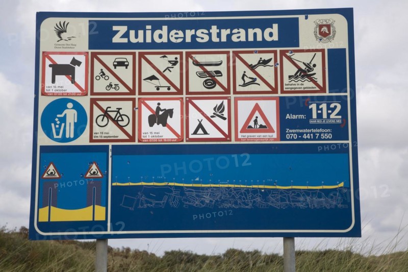 Sign with beach rules Zuiderstrand near Scheveningen Holland