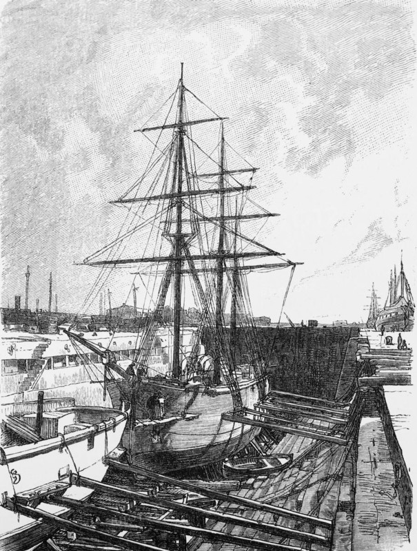 Dry dock in the harbour of Bremerhaven, Lower Saxony, North Sea, shipyard, support beam, two-master, repair, Germany, historical illustration 1880, Europe