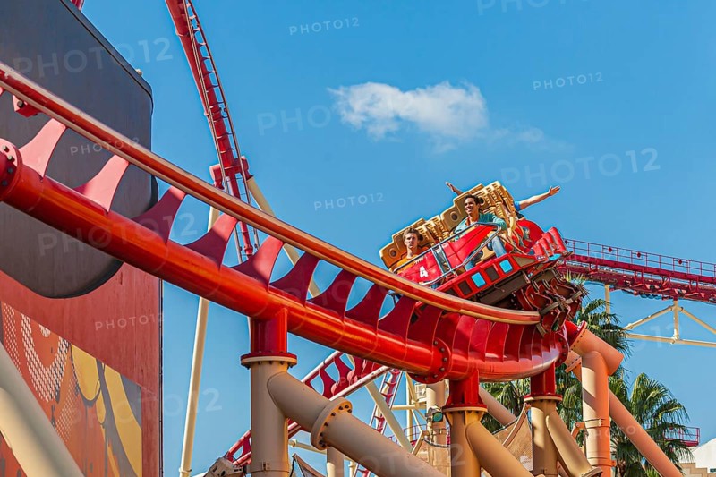 Park guests riding the Hollywood Rip Ride Rockit roller coaster at Universal Studios in Orlando, Florida, USA, North America