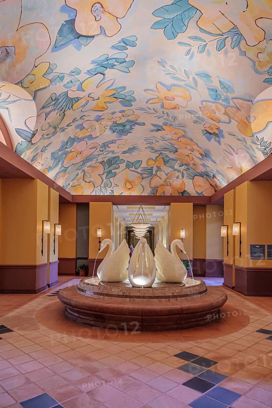 Interior water fountain with swans at the Swan Resort Hotel in Walt Disney World, Orlando, Florida, USA, United States of America, North America