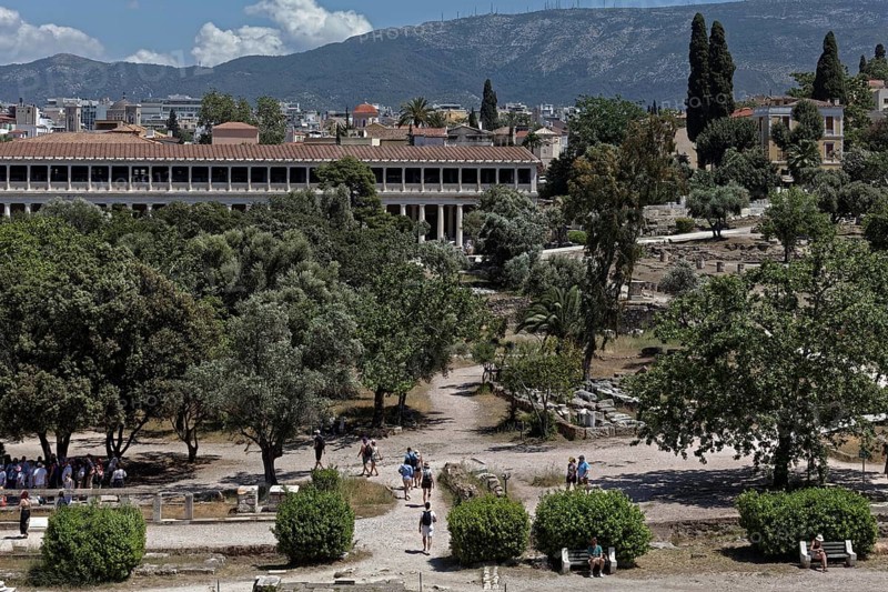 Agora, view of excavation site and Stoa of Attalos, reconstruction, Athens, Greece, Europe