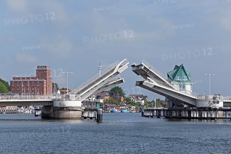 Half-open bascule bridge, Kappeln, Schlei, Schleswig-Holstein, Germany, Europe