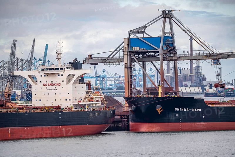 Bulk carriers, cargo ships for bulk goods such as coal, ores, sand, are unloaded in the seaport of Rotterdam, Maasvlakte 2, Netherlands