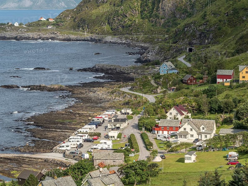 Camper vans on Goksoyr camping site, at the outer coast of island Runde, Runde island, Norway, Europe