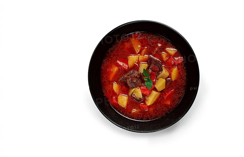 Meat goulash, with potatoes and carrots, sweet pepper, traditional Hungarian soup, homemade, no people, on a white background, isolate