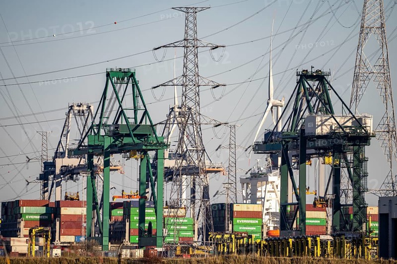 The port of Antwerp, on the Scheldt, is the second largest seaport in Europe, container port DP World Antwerp Gateway quay, Flanders, Belgium, Europe