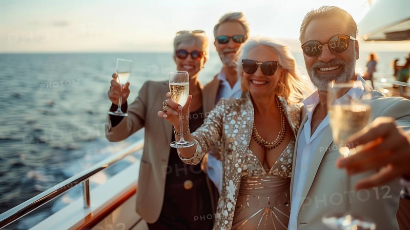 Group of friends enjoying cocktails on the deck of a luxury cruise ship. generative AI, AI generated