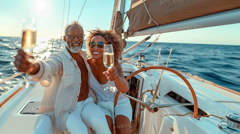 African american couple enjoying champagne on the deck of their sailing boat. generative AI, AI generated