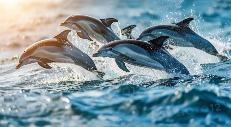 Playful dolphins are leaping and jumping out of the water in a blue ocean, AI generated