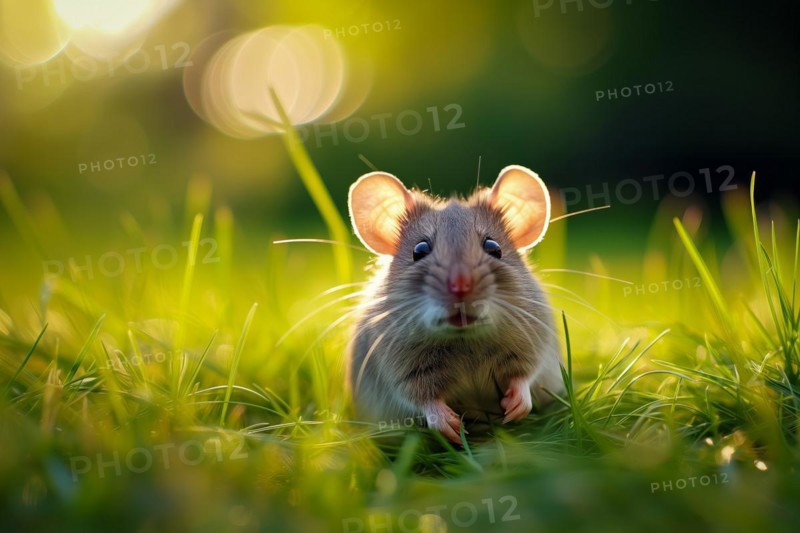 Cute mouse with large ears, exploring the vibrant green grass on a sunny day, AI generated