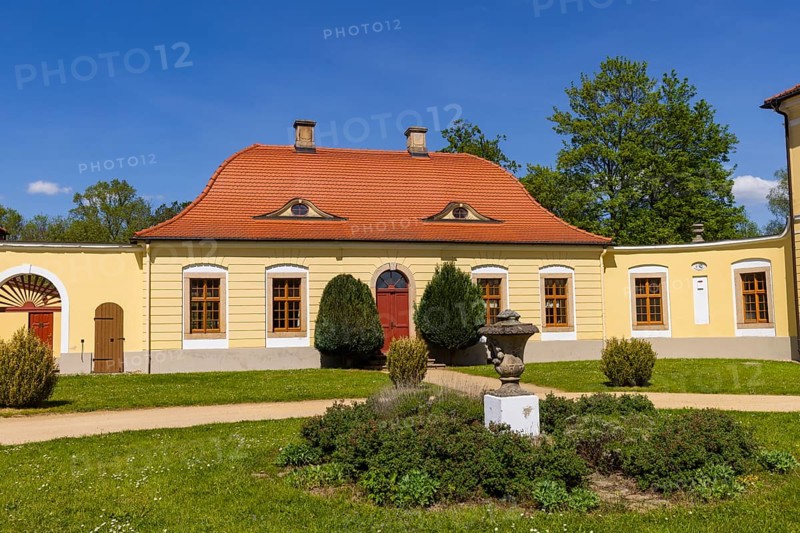 The baroque Königshain Castle is one of the two castles in the East Saxon municipality of Königshain in the district of Görlitz, which belongs to Upper Lusatia, alongside the Renaissance Königshain Castle. It was built between 1764 and 1766 and is part of the extensive estate of the former Königshain manor, which also includes the Renaissance castle and a large number of farm buildings., Königshain, Saxony, Germany, Europe
