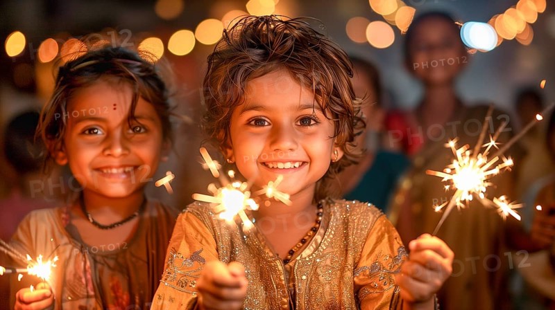 Cute Indian children celebrating with fun sparklers. generative AI, AI generated