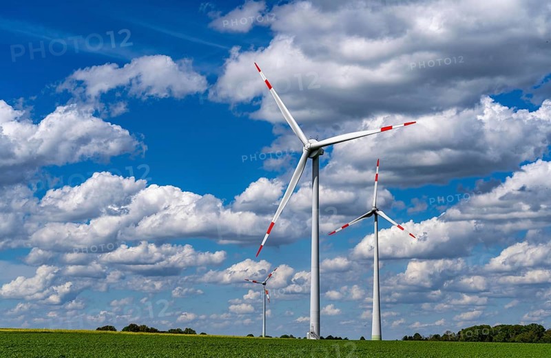 Wind farm, wind turbine, wind turbines from the manufacturer Enercon, blue sky with many white clouds, between Schermbeck and Dorsten, country road, Bestener Straße, North Rhine-Westphalia, Germany, Europe