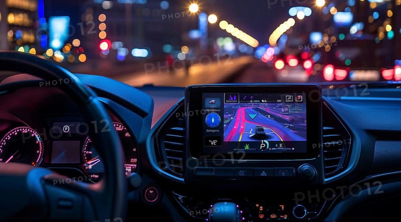 Smart navigation technology. GPS system on the dashboard, AI generated
