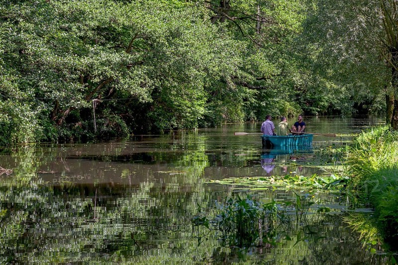 Paddle boat on the Alstätter Aa near the Haarmühle, Ahaus-Alstätte, Münsterland, North Rhine-Westphalia, Germany, Europe