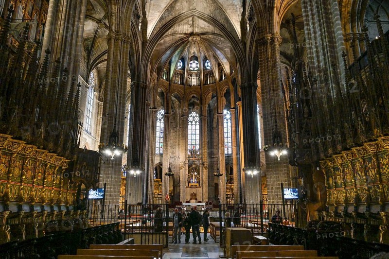 Main choir with choir stalls by Pere Ça Anglada, Cathedral, Catedral de la Santa Creu i Santa Eulalia, Barcelona, Catalonia, Spain, Europe