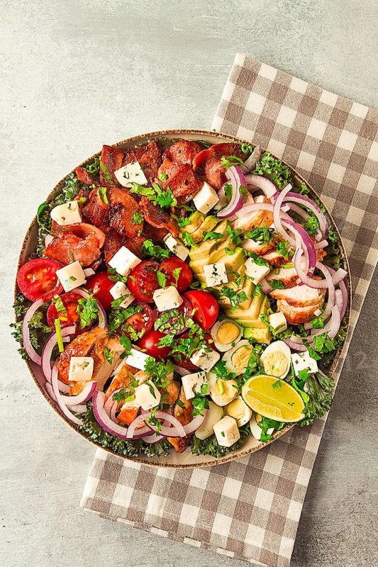 Cobb salad, keto food, top view, no people, close-up