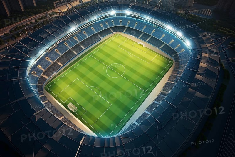 Aerial bird eye top view of a soccer football field stadium in night, AI generated