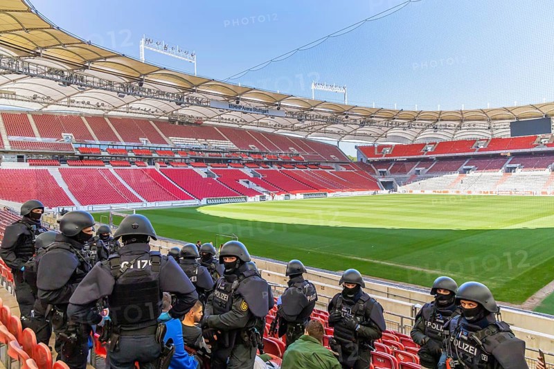 Baden-Württemberg police anti-terror exercise in the stadium. In the run-up to the European Football Championships, 1200 police officers rehearse for an emergency. Scenario: stabbing in the stands of the MHP Arena, VfB Stuttgart's stadium, which is also the venue for five European Championship matches. After initial treatment by the police, the handover of the injured to the emergency services and fire brigade was also rehearsed. Stuttgart, Baden-Württemberg, Germany, Europe