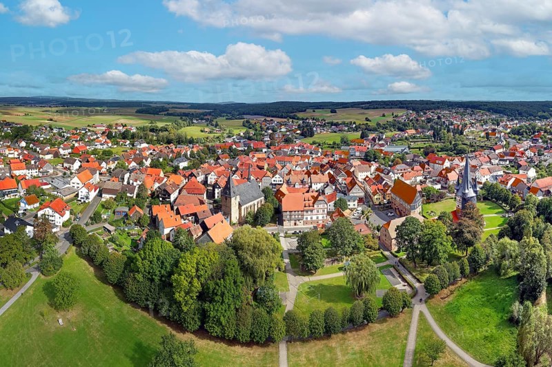 Aerial view, town centre, in front Bürgerpark, above from left Catholic town church, town house of the Vincentian nuns, castle Dörnberg and Junker-Hansen-Tower, town Neustadt district Marburg-Biedenkopf, Hesse, Germany, Europe